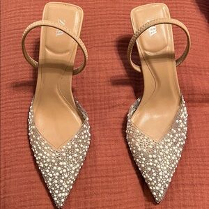 Zara Tan Pearl-Studded Heels